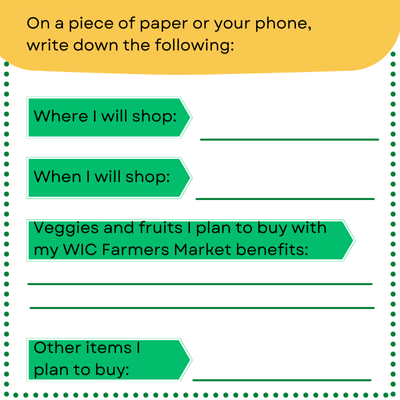 Write down the following: where and when I will shop; what I will buy with my WIC farmers market benefits, other items I will buy.